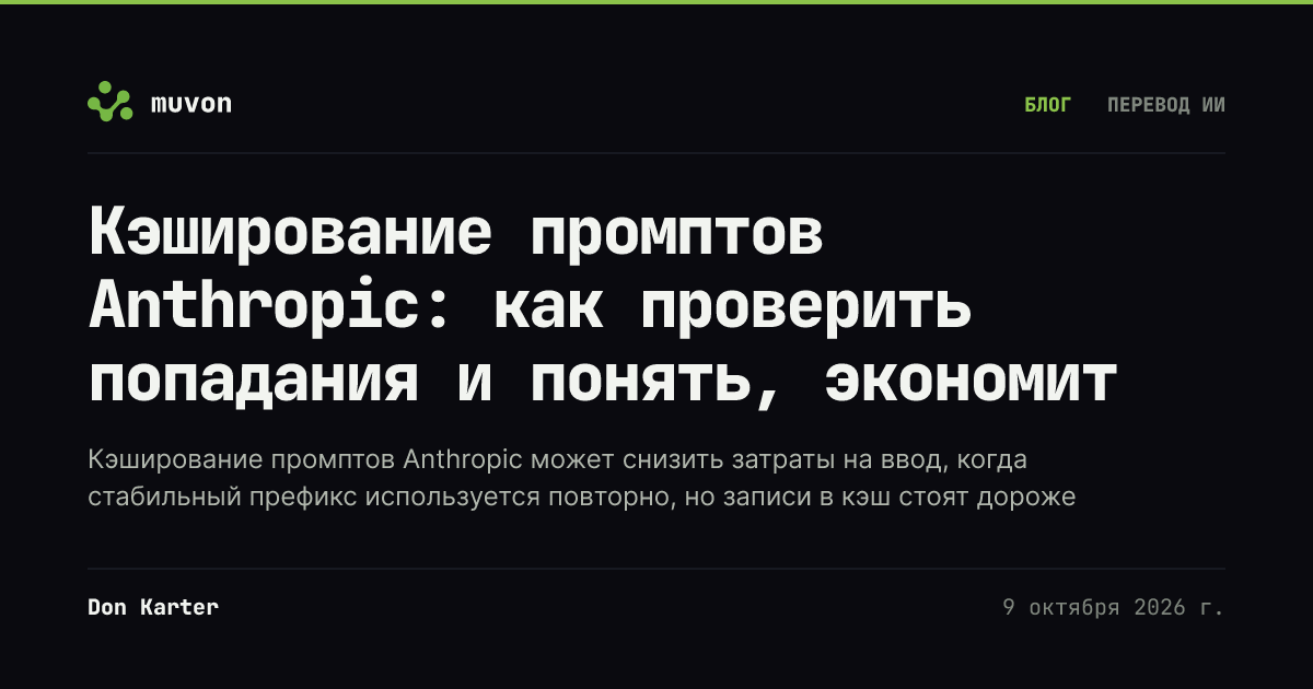 Схема кэширования промптов Anthropic: стабильный префикс промпта переиспользуется между запросами, с записями и чтениями кэша и точкой безубыточности