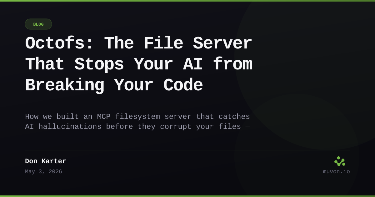 Octofs MCP filesystem server — dark background with green code editor interface showing file edit operations and hash-based line identifiers
