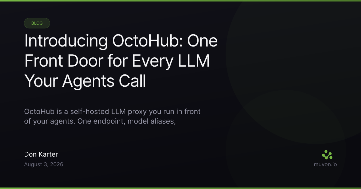 OctoHub LLM proxy diagram showing a single gateway routing agent requests to multiple model providers with logging and metrics