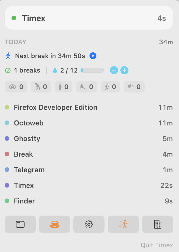 Timex menu bar dropdown: a vertical list showing today's tracked apps (Firefox Developer Edition 11m, Octoweb 11m, Ghostty 5m, Break 4m), break timer countdown, hydration tracker (2/12), and a row of icons for window, coffee, settings, runner, and building