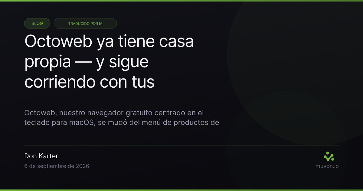 Octoweb ahora vive en octoweb.xyz — una paleta de comandos sobre el nuevo sitio, el selector de workspaces mostrando perfiles aislados y una barra lateral de IA cuya línea de modelo dice local dos puntos qwen3-coder para mostrar que el navegador corre sobre el proveedor que tú configures