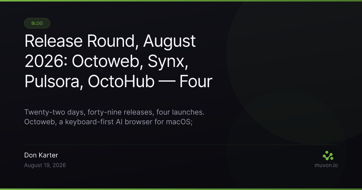 August 2026 release round-up for the Muvon open-source AI stack — Octoweb keyboard-first AI browser, Synx file sync over SSH, Pulsora time-series database in Rust, OctoHub self-hosted LLM proxy, Octocode 0.21.0 live structural knowledge graph, Octobrain 0.11.0 session context, Octofs 0.10.0 remote filesystems, Octolib 0.32.1 with xAI, Alibaba, Hetzner providers, and npm packages under the @muvon scope