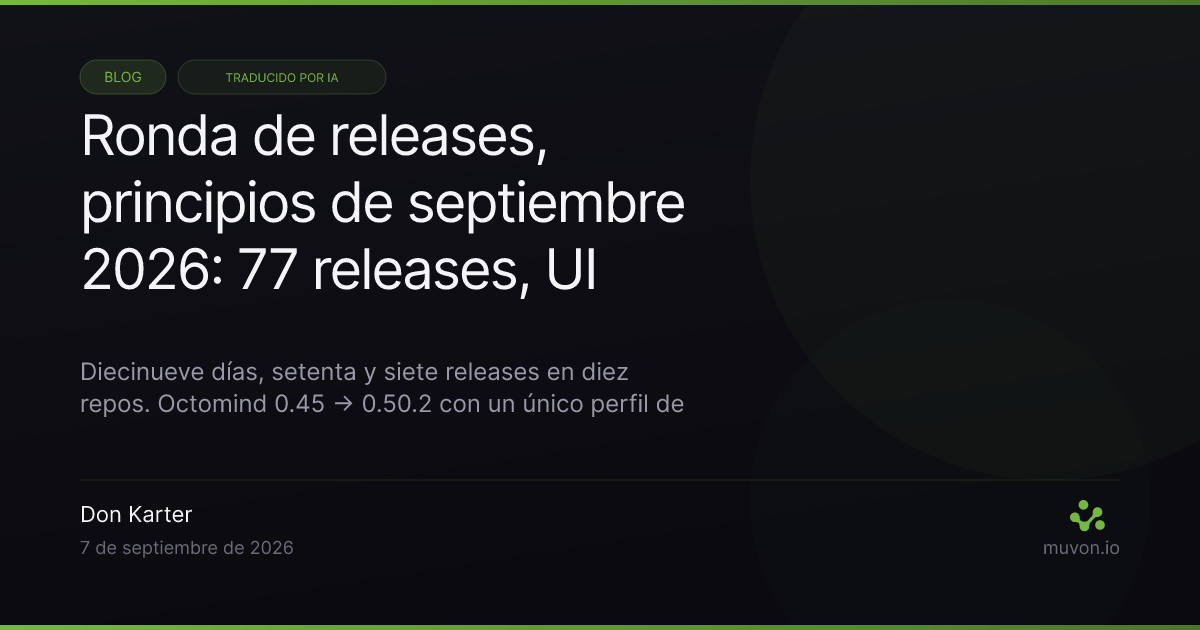 Ronda de releases de principios de septiembre de 2026 del stack open-source Muvon AI — Octomind 0.50.2, el runtime de agentes con perfiles de modelo unificados y resultados en background a mitad de turno, Octoweb 0.14, el navegador AI keyboard-first con workspaces e interfaces A2UI dibujadas por el agente, Octolib 0.36.1 con generación de medios en fal, ElevenLabs y Runway, Octofs 0.15.3 servidor MCP de filesystem, Octocode 0.25.0 búsqueda de código, Octobrain 0.13.1 memoria de agentes, OctoHub 0.7.13 proxy LLM, Synx 0.1.4 sincronización de archivos, y Vext y Timex exponiendo servidores MCP locales