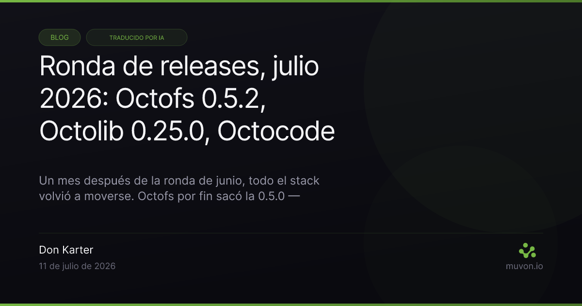 Ronda de releases de julio 2026 del stack Muvon AI — Octofs 0.5.2 con targeting de líneas unificado y un breaking change, Octolib 0.25.0 con embeddings locales y GPT-5.6, estabilidad del indexador en Octocode 0.18.1, Octobrain 0.9.1, publicación automatizada en el registro MCP, más Timex 1.2.0 y TypeTab 1.1.0