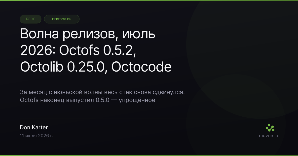 Волна релизов Muvon AI стека за июль 2026 — Octofs 0.5.2 с унифицированным таргетированием строк и breaking change, Octolib 0.25.0 с локальными эмбеддингами и GPT-5.6, Octocode 0.18.1 со стабильностью индексатора, Octobrain 0.9.1, автоматическая публикация в MCP registry, плюс Timex 1.2.0 и TypeTab 1.1.0