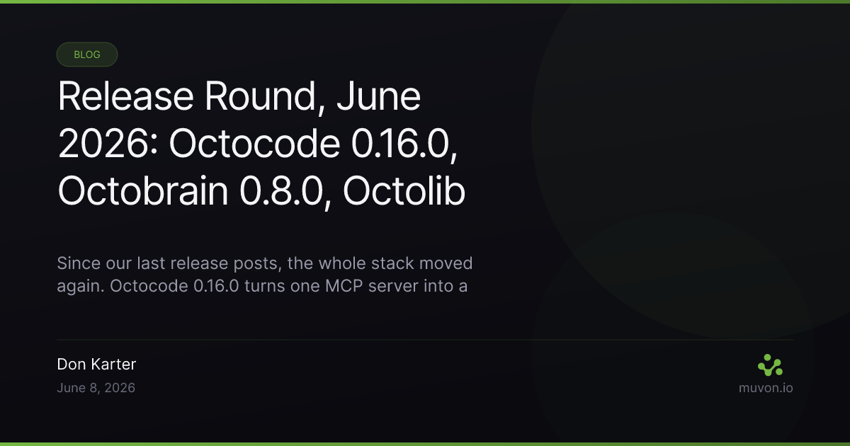 June 2026 release round-up for the Muvon AI stack — Octocode 0.16.0 multi-repository server mode and Swift, Octobrain 0.8.0 zero-config project discovery, Octolib 0.23.0 git project ID derivation and Claude Opus 4.8