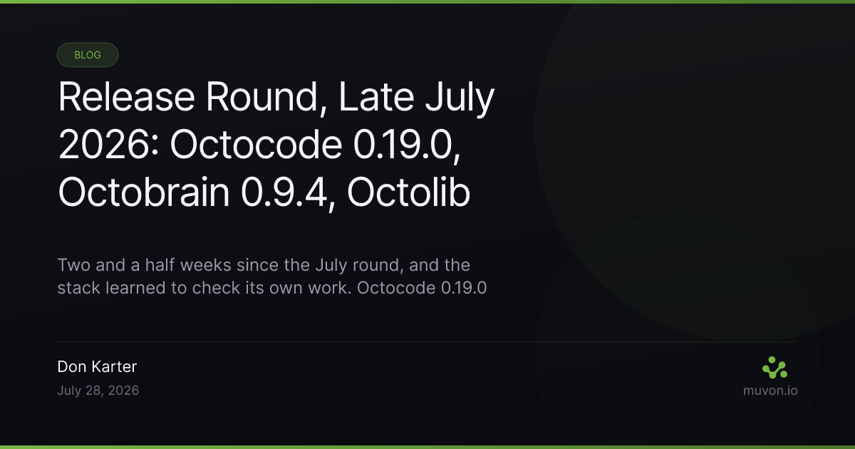Late July 2026 release round-up for the Muvon AI stack — Octocode 0.19.0 reasoning retrieval and weighted RRF, Octobrain 0.9.4 async knowledge sync, Octolib 0.26.1 with Kimi K3 and Opus 5, Vext 1.3.0 glass design system with word-level speaker splitting and seven languages
