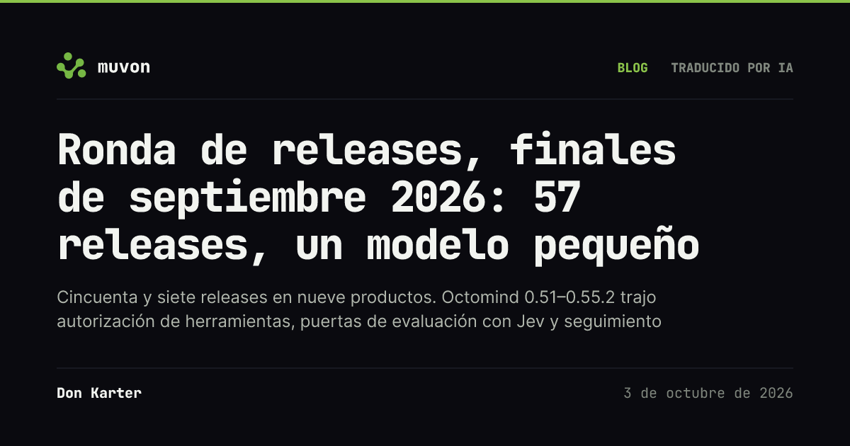 Ronda de releases de finales de septiembre de 2026 de Muvon: Octomind 0.55.2, el runtime de agentes con puertas de evaluación con Jev y reportes de tiempo y energía humanos, Octoweb 0.16, el navegador con terminal y proxies por sitio, Octolib 0.40.3, la librería de modelos, OctoHub 0.9.4, Octocode 0.26.4, Octobrain 0.14.4, Octofs 0.16.1, Timex 1.5.0 Energy y TypeTab 1.2.0 Stats