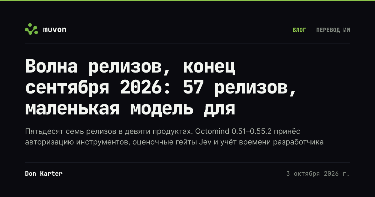 Волна релизов Muvon за конец сентября 2026: агентный рантайм Octomind 0.55.2 с оценочными гейтами Jev и отчётами о человеческом времени и энергии, браузер Octoweb 0.16 с терминалом и прокси по сайтам, библиотека моделей Octolib 0.40.3, OctoHub 0.9.4, Octocode 0.26.4, Octobrain 0.14.4, Octofs 0.16.1, Timex 1.5.0 Energy и TypeTab 1.2.0 Stats