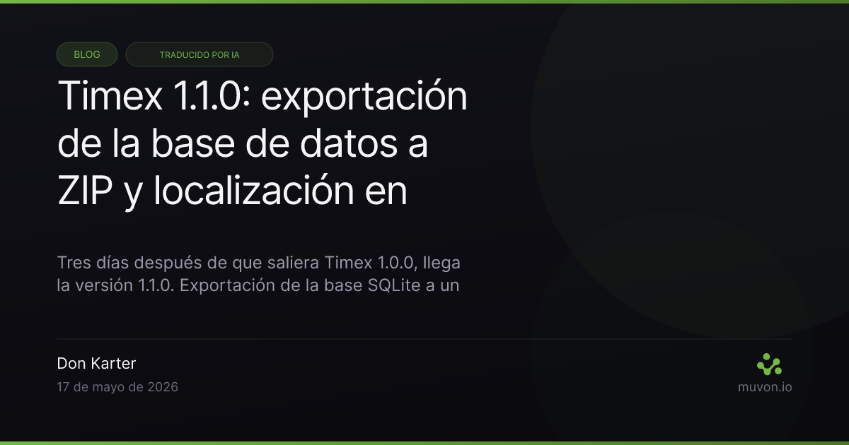 Lanzamiento de Timex 1.1.0 — exportación ZIP de la base de datos SQLite local en un clic, localización completa en inglés, español, ruso, hindi y tailandés, y pasada de design system con accesibilidad VoiceOver para el rastreador automático de tiempo en Mac