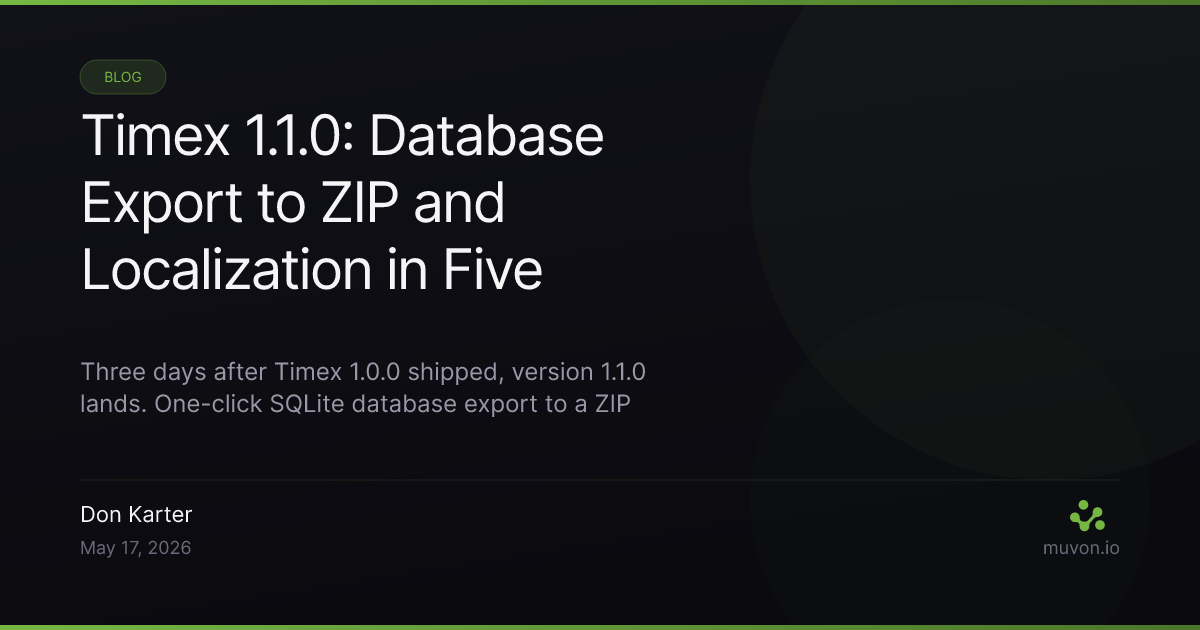 Timex 1.1.0 release - one-click ZIP export of the local SQLite database, full localization into English, Spanish, Russian, Hindi, and Thai, and a design system plus VoiceOver accessibility pass for the automatic Mac time tracker
