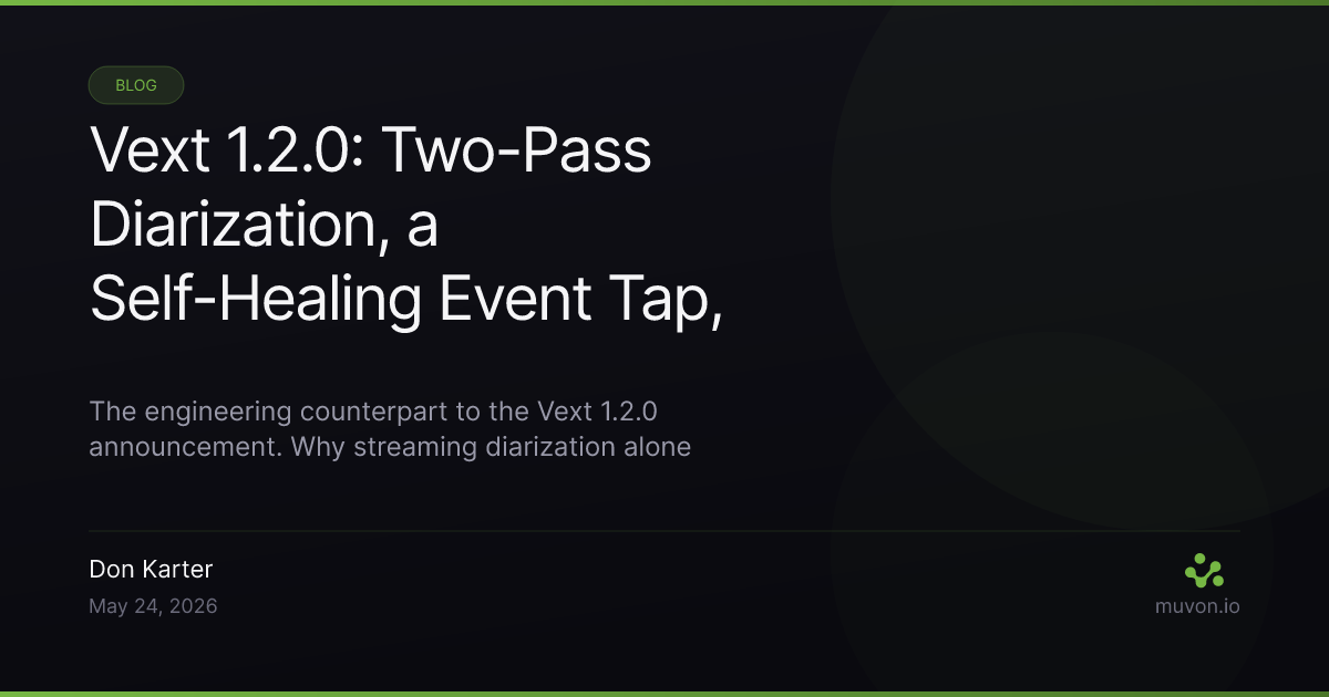 Vext 1.2.0 engineering write-up - two-pass offline diarization with pyannote, WeSpeaker, and VBx; multi-speaker chunk splitting; self-healing keyboard event tap after sleep and fast user switching; centralized localization for English, Spanish, Russian, Hindi, and Thai